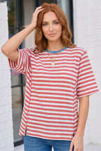 Retro Stripe Oversized Tee with Contrast Ribbed Neck