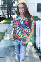 Dazzle in Multicolor Animal Patchwork V Neck Dolman Cap Sleeve Top