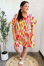 Eyes On You Coral Geo Abstract Surplice Woven Romper