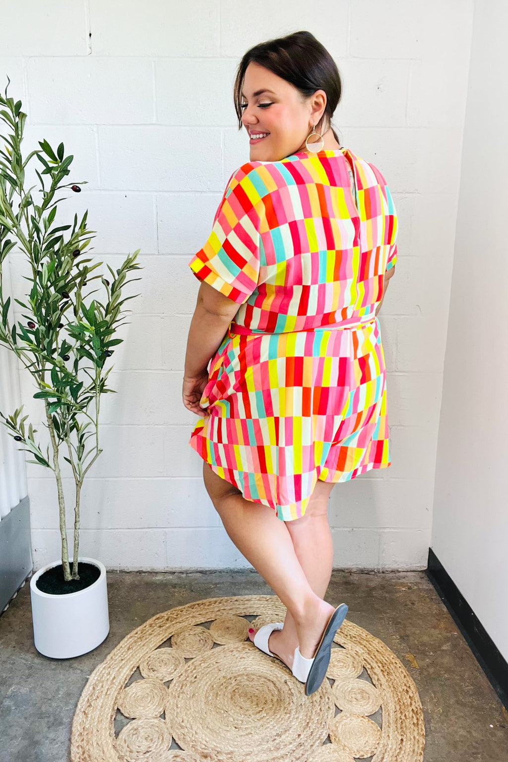 Eyes On You Coral Geo Abstract Surplice Woven Romper