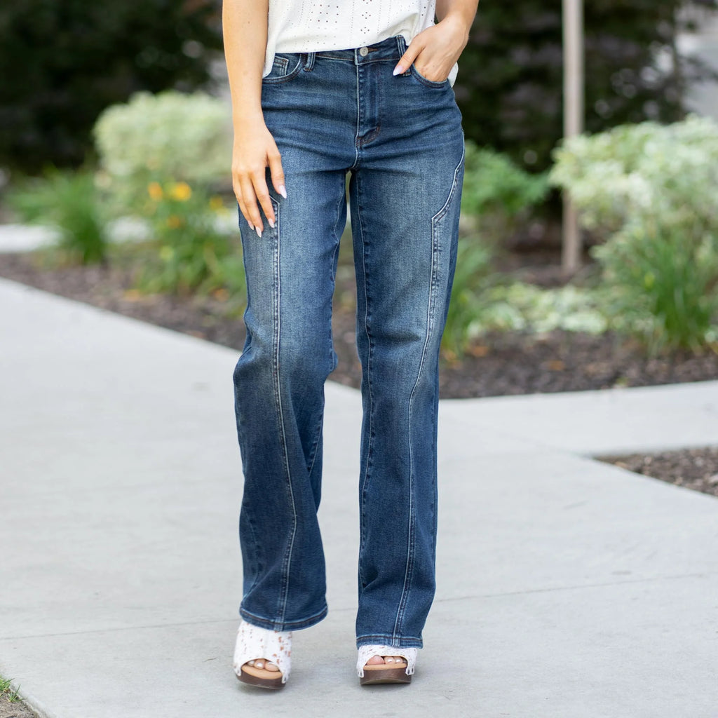 Cecily Mid Rise Seam Detail Straight Leg Jean