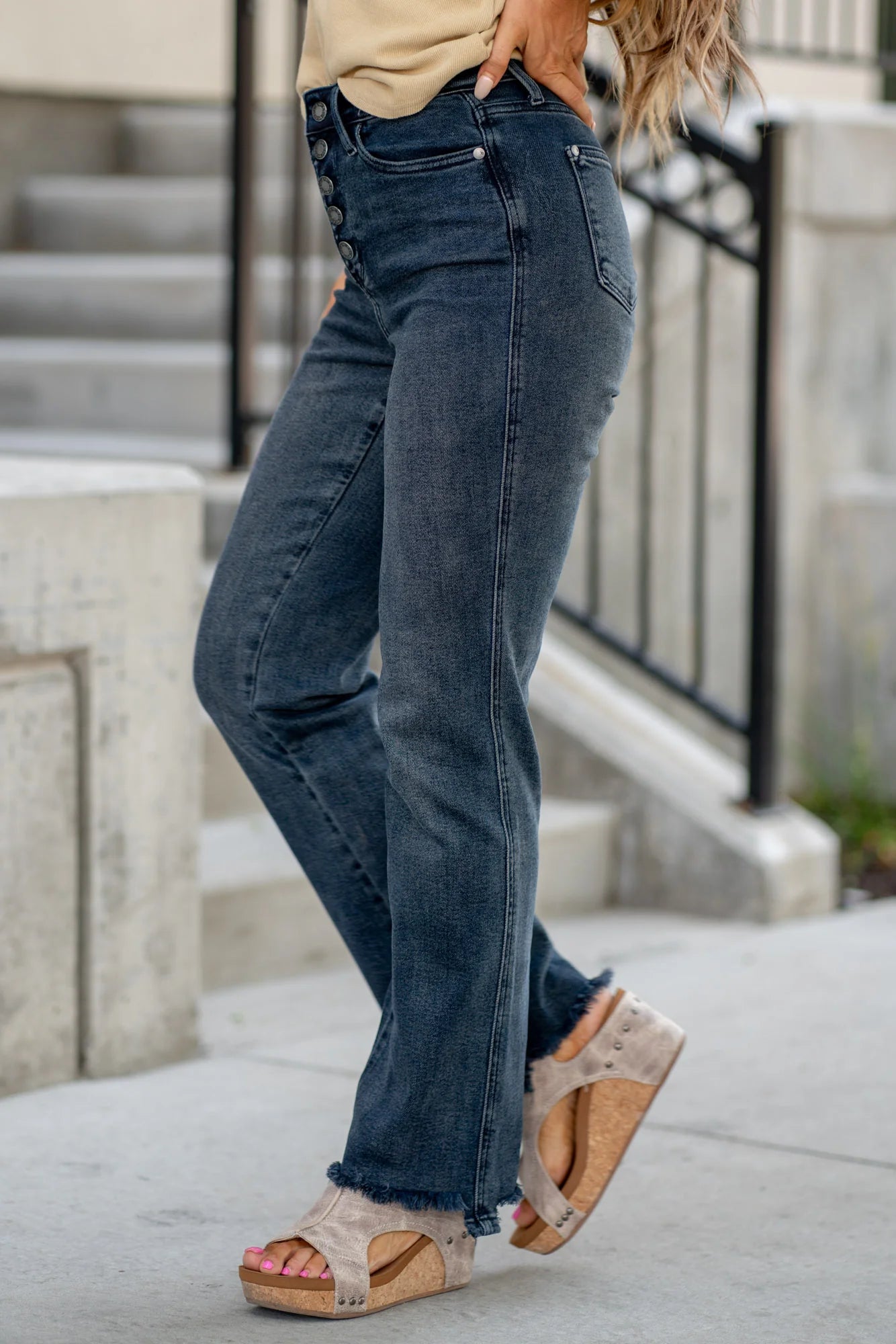 Kayla Button Fly High Rise Straight Leg Jean