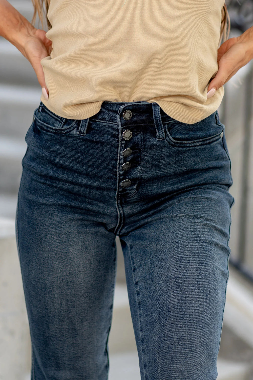 Kayla Button Fly High Rise Straight Leg Jean
