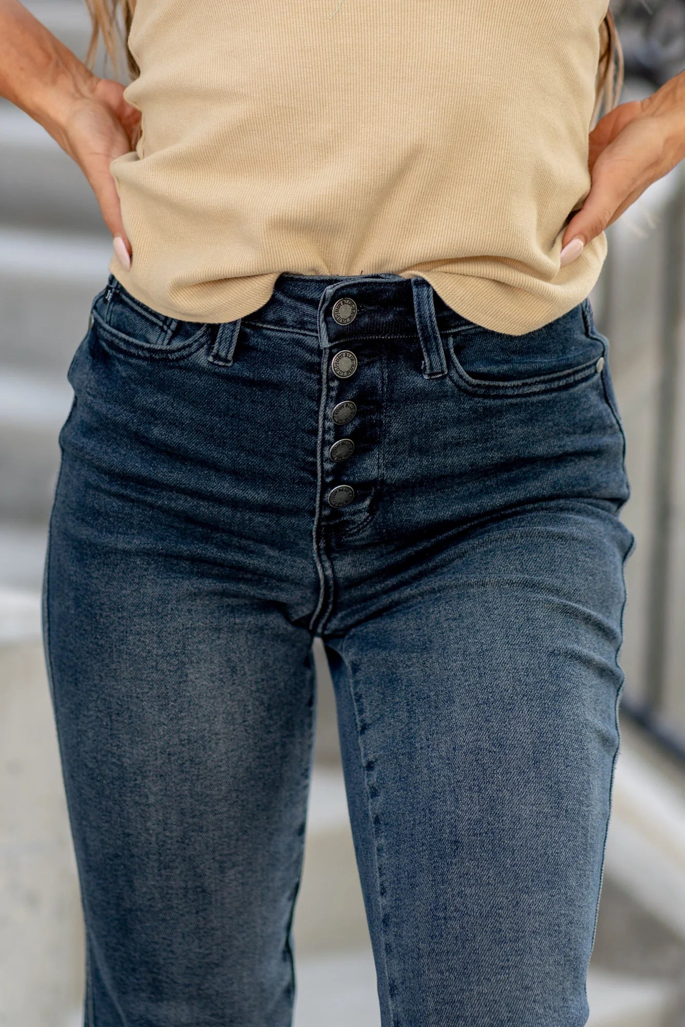 Kayla Button Fly High Rise Straight Leg Jean