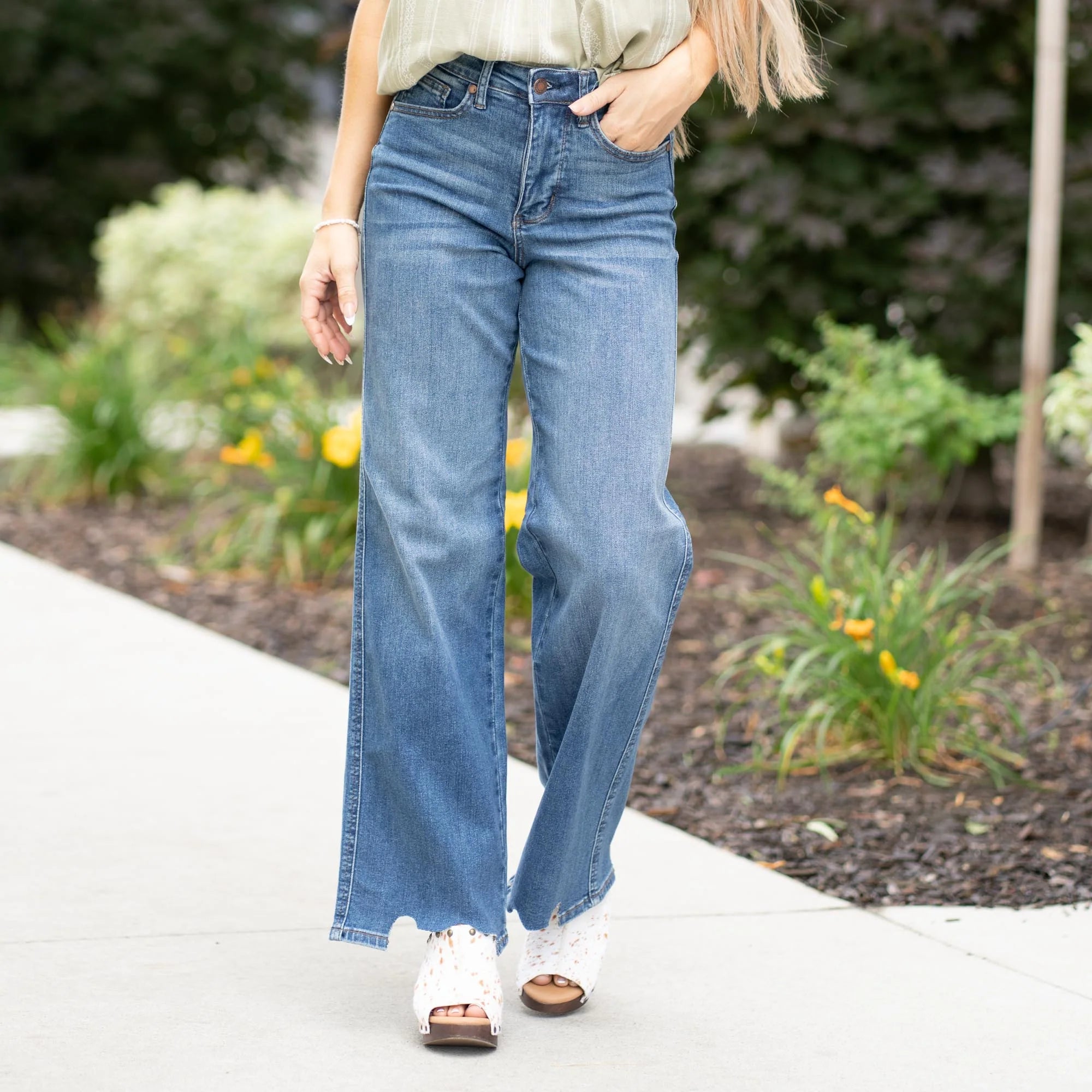 Rebel High Rise Tummy Control Torn Hem Wide Leg Jean