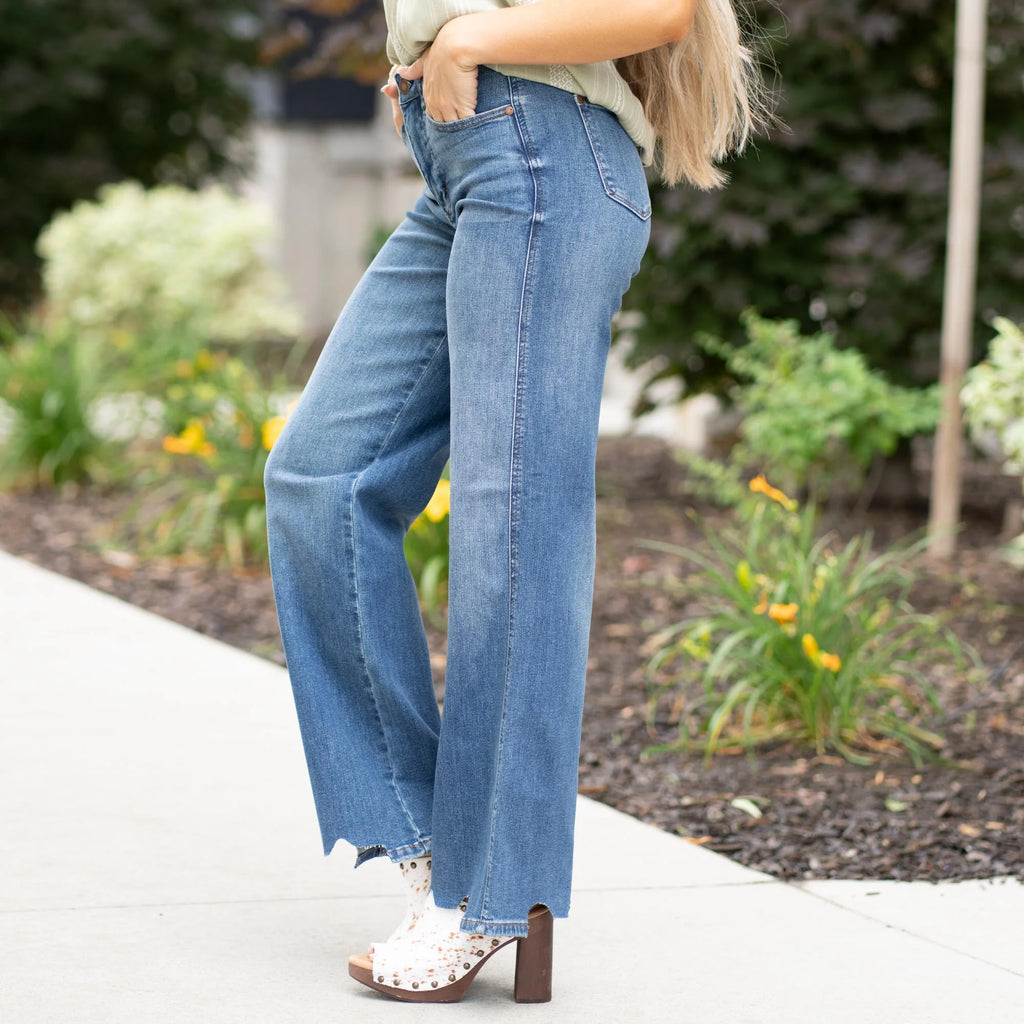Rebel High Rise Tummy Control Torn Hem Wide Leg Jean