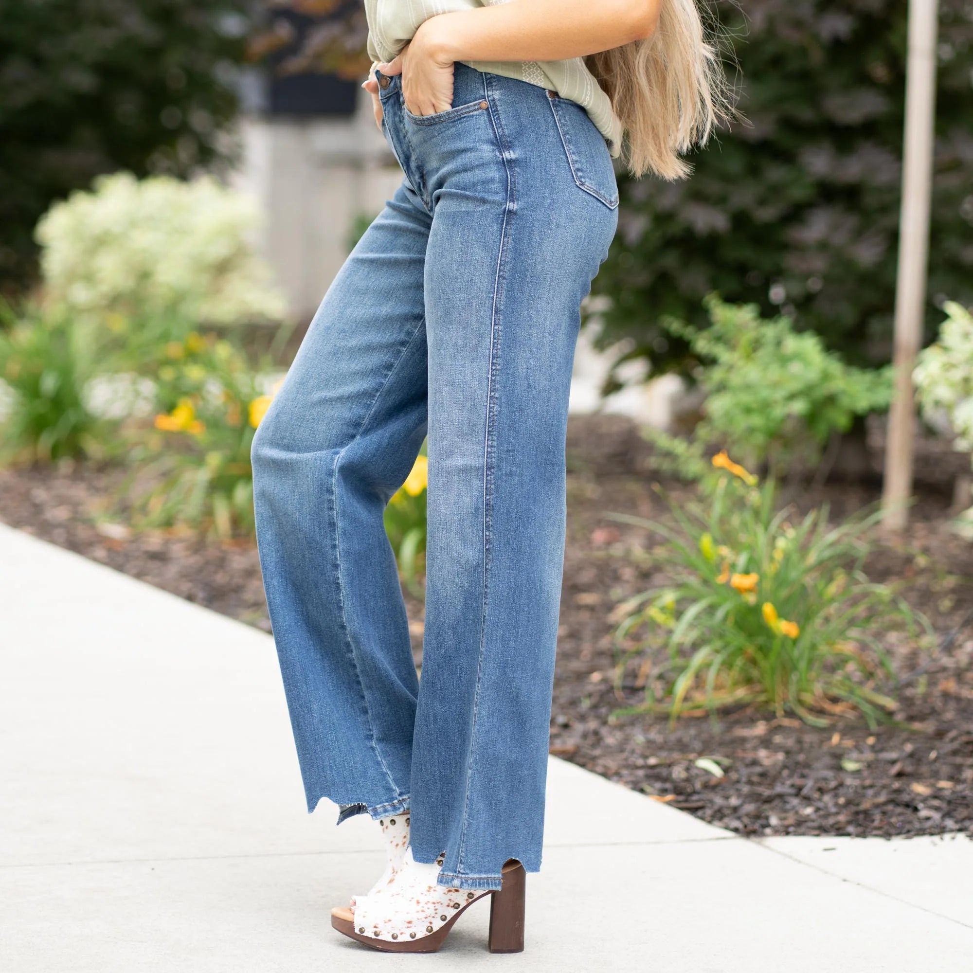 Rebel High Rise Tummy Control Torn Hem Wide Leg Jean