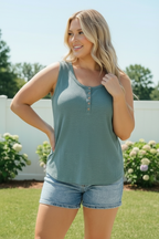 Waffle Knit Henley Tank in Dusty Teal