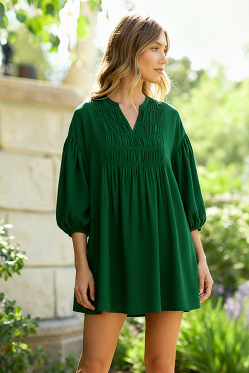 Green with Envy Crepe Smocked Dress