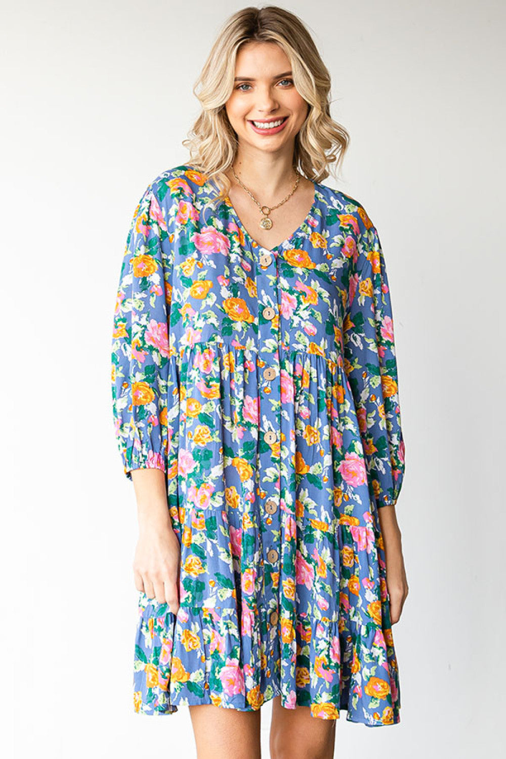 Boho Vibes Cotton Floral Button Down 3/4 Sleeve Tiered Dress