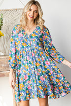 Boho Vibes Cotton Floral Button Down 3/4 Sleeve Tiered Dress