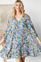 Boho Vibes Cotton Floral Button Down 3/4 Sleeve Tiered Dress
