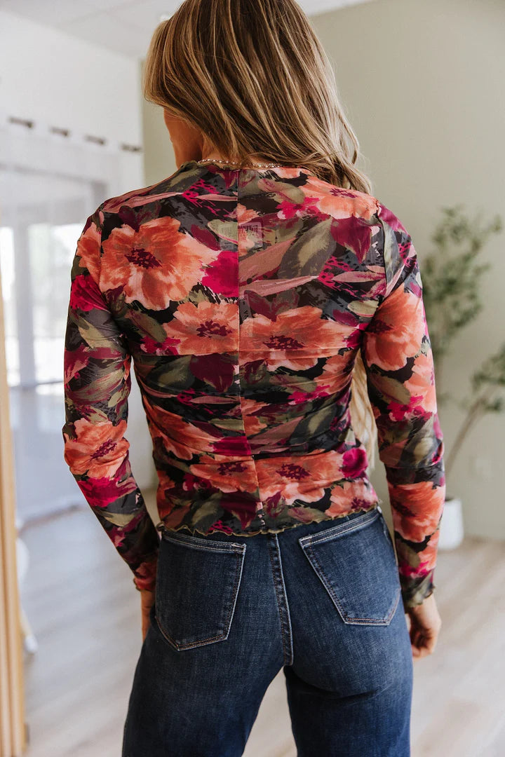 Iris Floral Long Sleeve Mesh Top