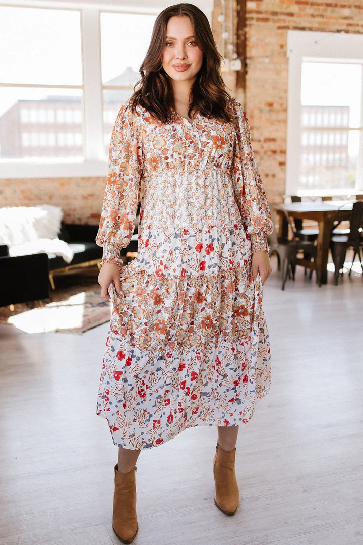Ellie Floral Print Ruffled Midi Dress