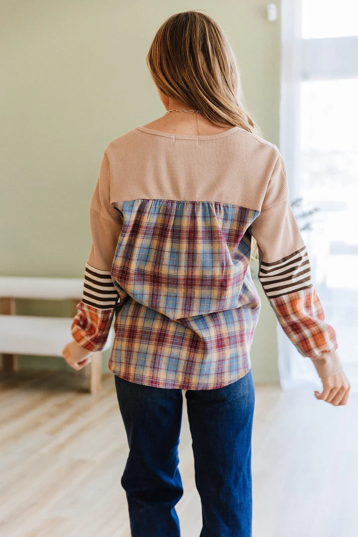 Stay Busy Stripe Plaid Patchwork Henley Top