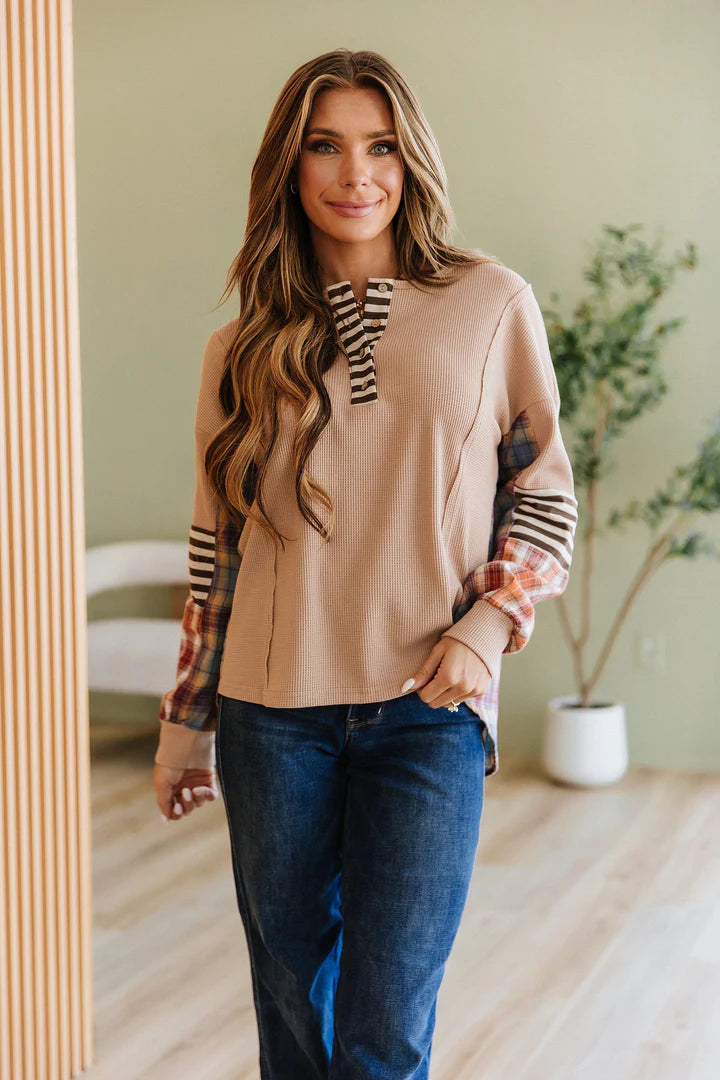 Stay Busy Stripe Plaid Patchwork Henley Top