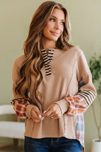 Stay Busy Stripe Plaid Patchwork Henley Top