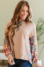 Stay Busy Stripe Plaid Patchwork Henley Top