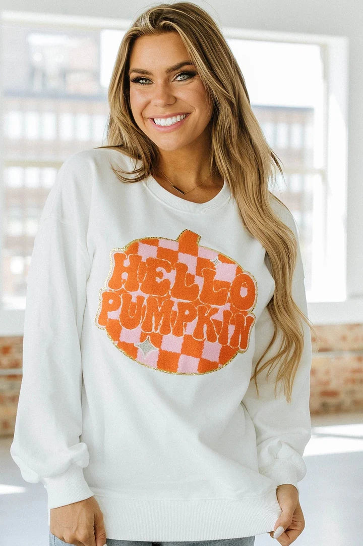 Hello Pumpkin Patched Long Sleeve Sweatshirt