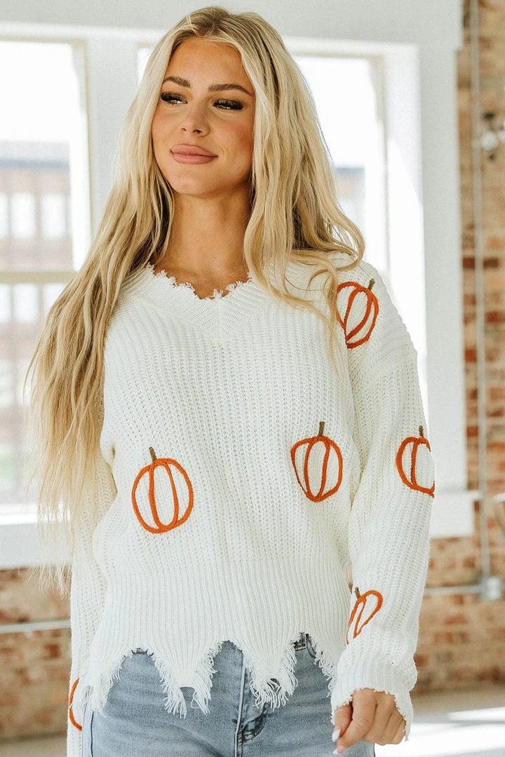 Pumpkin V-Neck Distressed Sweater